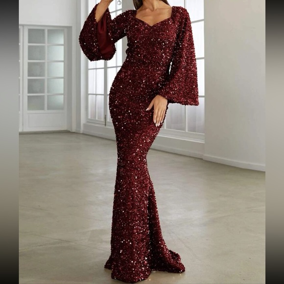 Luxe trumpet sleeve mermaid hem party formal sequins gown dress - Picture 9 of 16